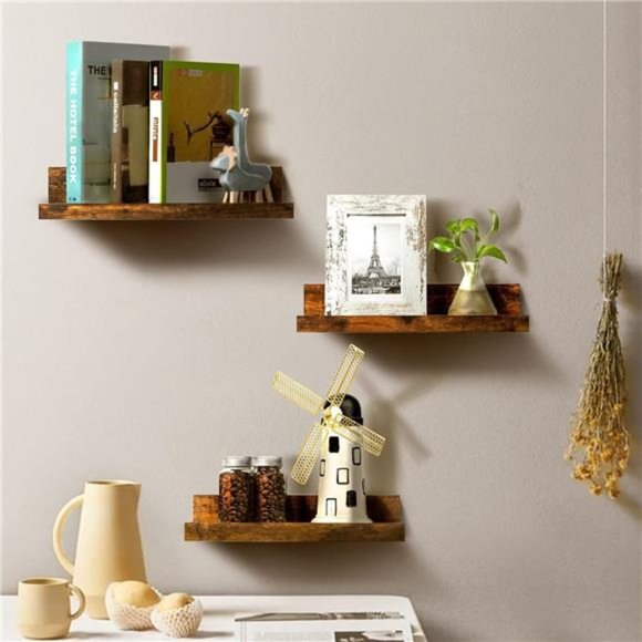 Floating Shelves, Wall Shelves Set of 5, Wall Mounted Wood Shelves, Brown - Picture 2 of 7